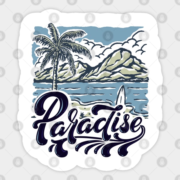Beach Tropical Paradise Surfing Mountains Palm Tree Landscape Design Sticker by Joaddo